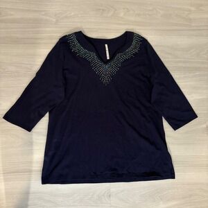 Lee & Nicole Womens Top Blue Embellished V Neck 3/4 Sleeve Tunic Top Size XL